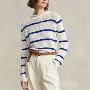 Polo Ralph Lauren Striped Cotton Rollneck Sweater White Blue Medium